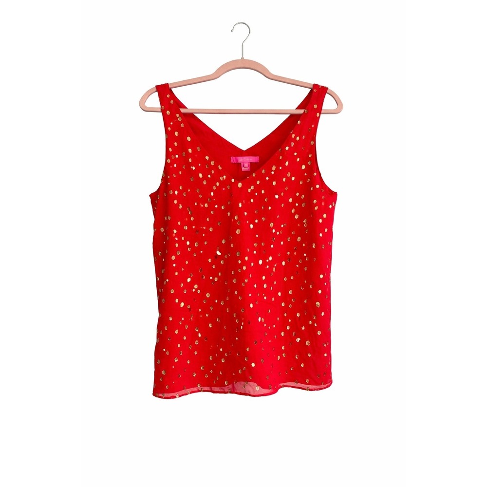 Lilly Pulitzer Florin Silk V-Neck Blouse Red & Gold Size Medium MSRP $118